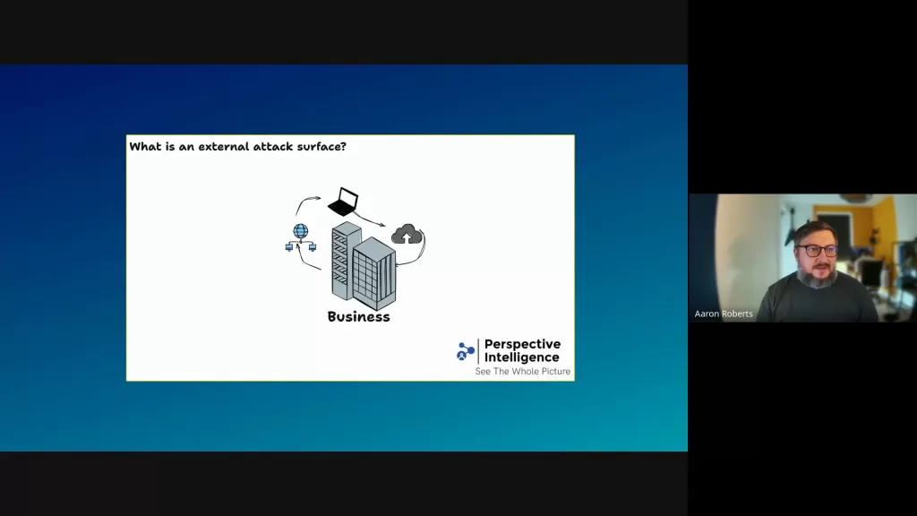 Screenshot from webinar depicting a business with network connectivity, laptops and cloud access